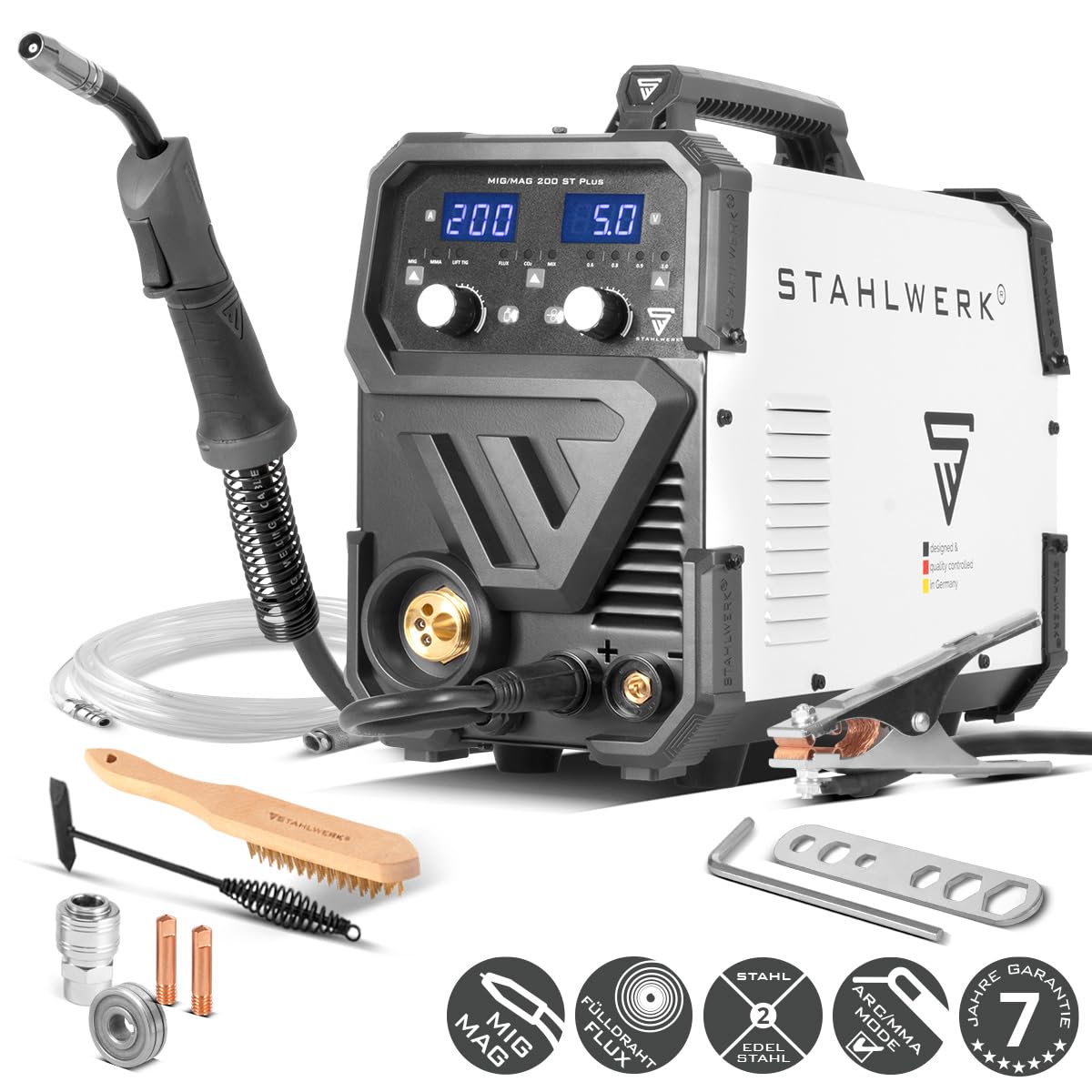 STAHLWERK Schutzgasschweißgerät MIG/MAG 200 ST – IGBT-Inverter mit 200 A und synergischem Drahtvorschub, FLUX (Fülldraht) geeignet, Lift-TIG & MMA (E-Hand/ARC) funktionsfähig