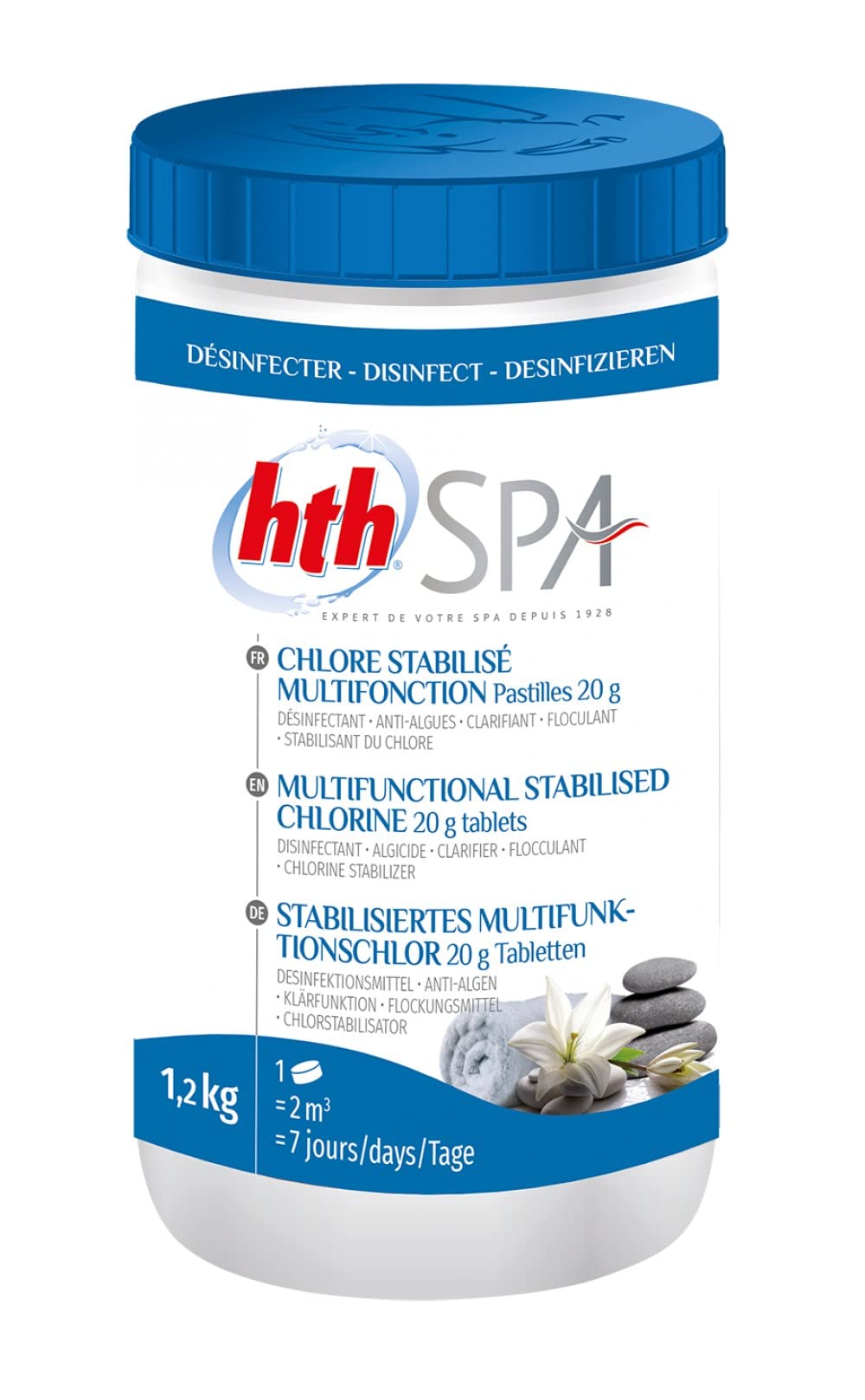 HTH Spa Chlore Multifonction REGULIER Pastilles 20g - 1,2kg | Chlore Stabilisé Multiaction - Désinfection Régulière Multifonction - Dissolution Lente + 10 Tests HPS OFFERTS 6 en 1