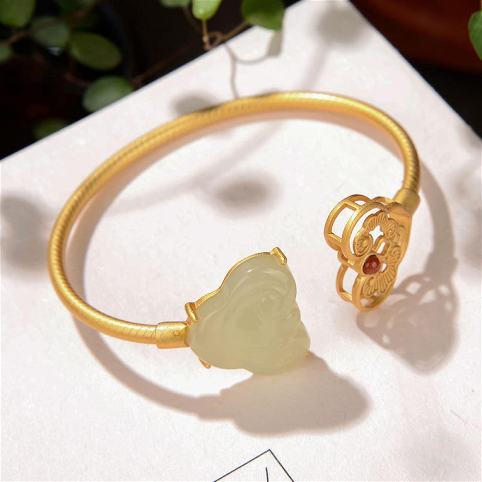 Bracelet jade Hetian s925 jonc ouvert rétro bijoux dames - 6