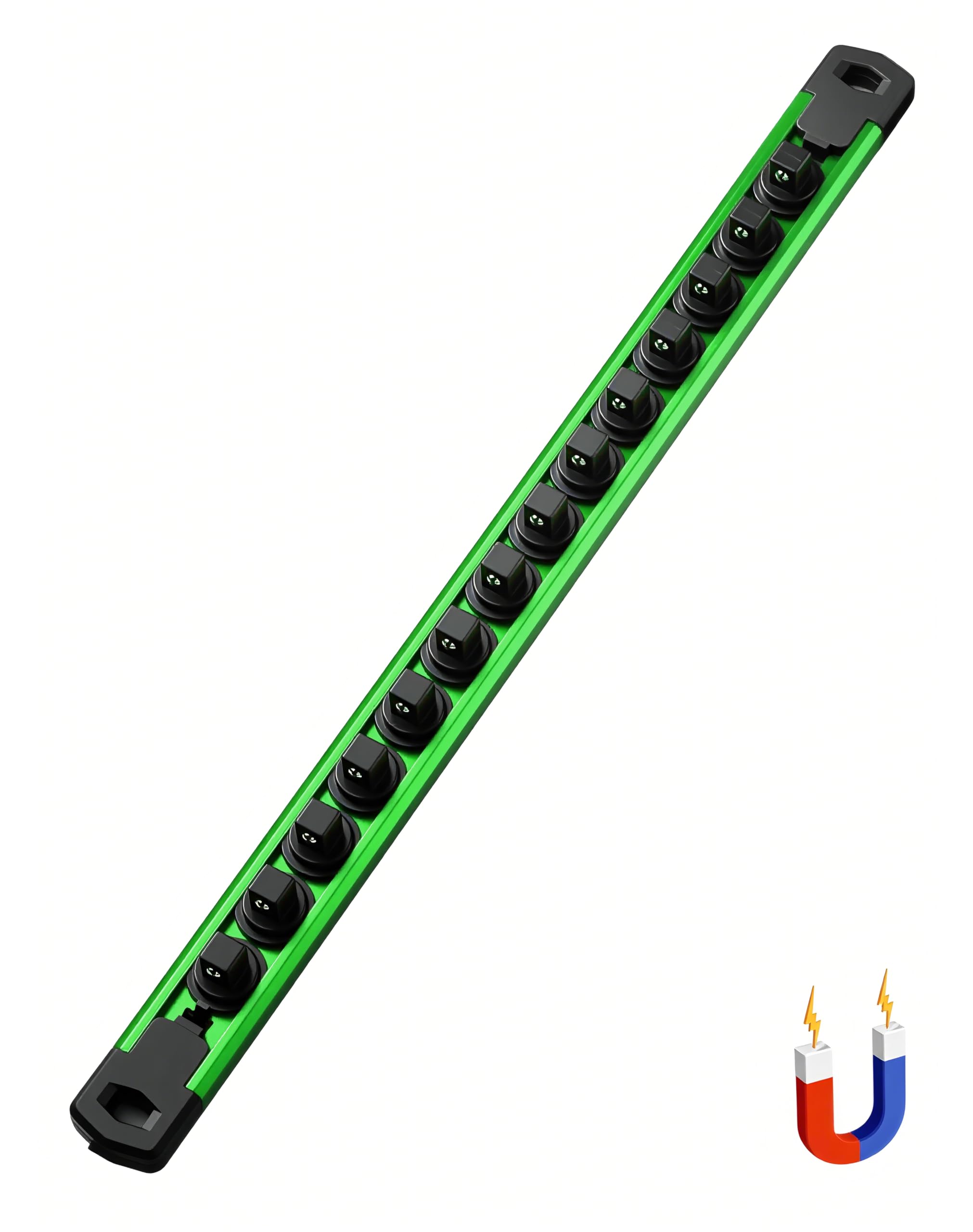 ALOANES 3/8" Drive Magnetic Socket Rail, 360° Swivel Clips, Heavy Duty Aluminum Tray Organizer - 14 Slots (Green)