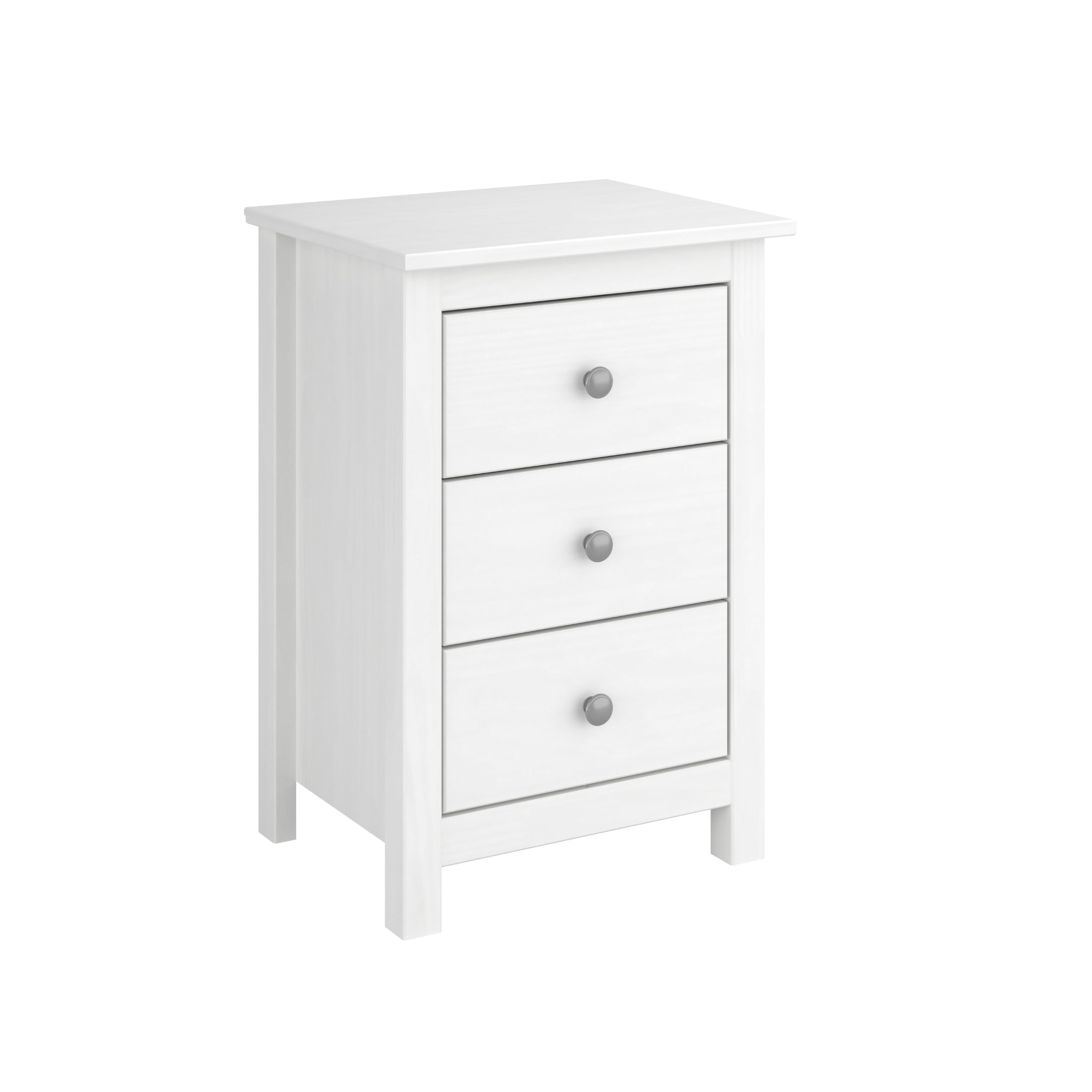 Mesita de Noche 3 cajones Serie Alme – Madera de Pino Macizo Color Blanco Lavado – Cajonera Moderna Auxiliar Dormitorio – 63x43x35 cm
