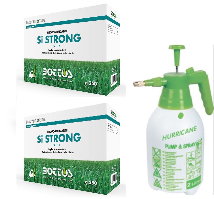 Bottos Si STRONG, Fitofortificante per foglie extraresistenti del tappeto erboso, concime fertilizzante liquido con Silicio e Potassio potenziatore delle difese delle piante (500gr + Pompa)