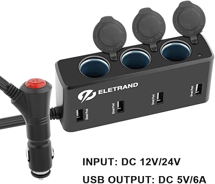 Eletrand 12V / 24V Cargador de Coche Adaptador de Mechero con 4 Puerto USB y 3 Encendedores para T?lefono M?vil, Tablets, GPS, MP3 etc - Con Cable de 90CM Eletrand 12V / 24V Cargador de Coche Adaptador de Mechero con 4 Puerto USB y 3 Encendedores para T?lefono M?vil, Tablets, GPS, MP3 etc - Con Cable de 90CM