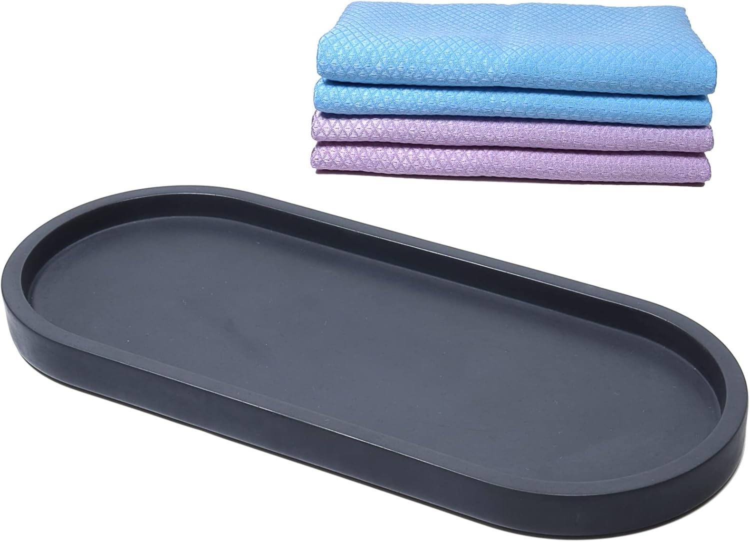 Concrete Oval Vanity Tray,Bathroom Trays for Counter,Concrete Tray for Bathroom Organizer and Home Decor,10.7L x 4.6W x 0.8H inches(Black) Oval Black