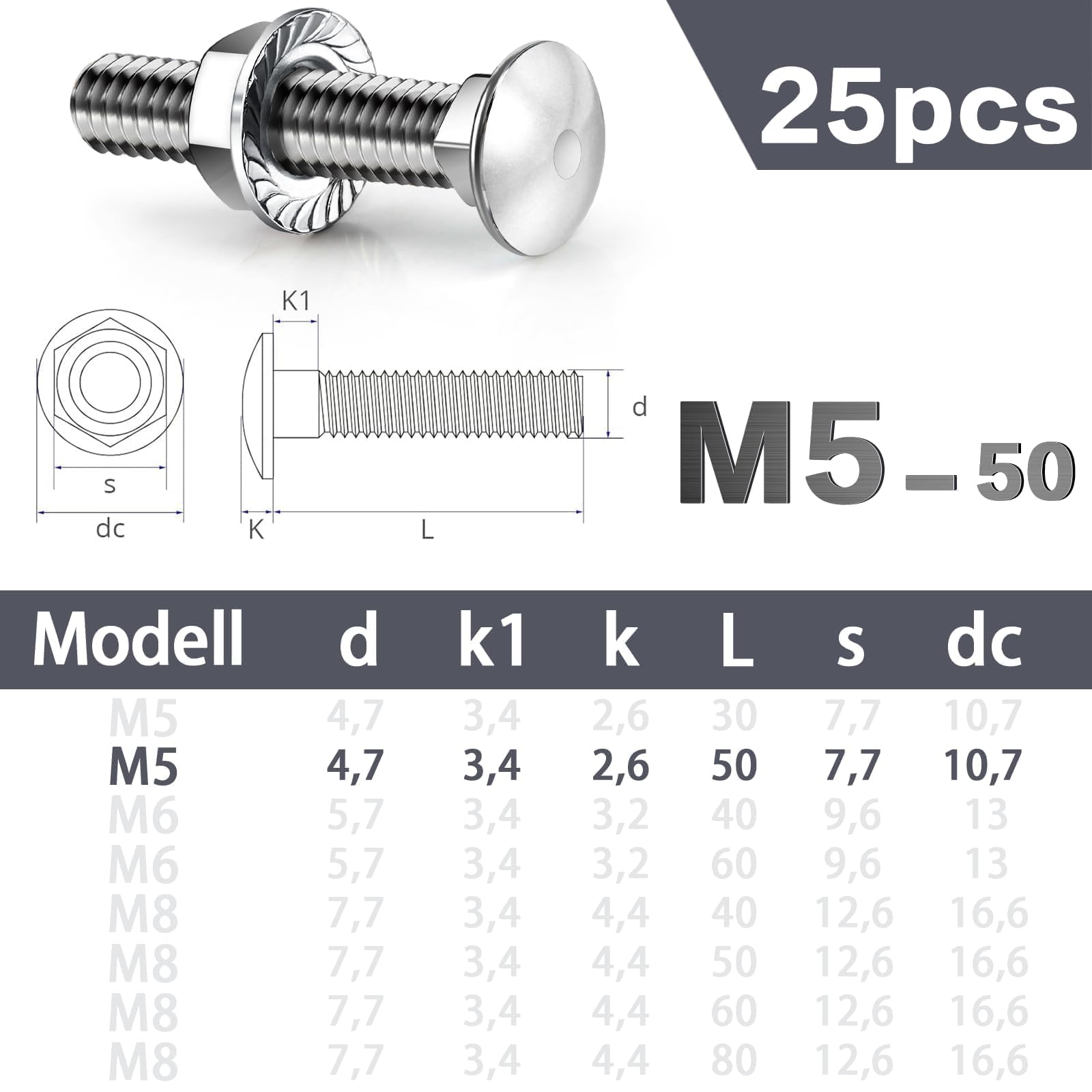 SWTYExt M5 Coach Bolts 25 Pcs Carriage Bolts M5x50mm Coach Bolt with Flange Hexagon Nuts DIN 6923 for Industrial Machinery Construction Home Decoration - Image 2