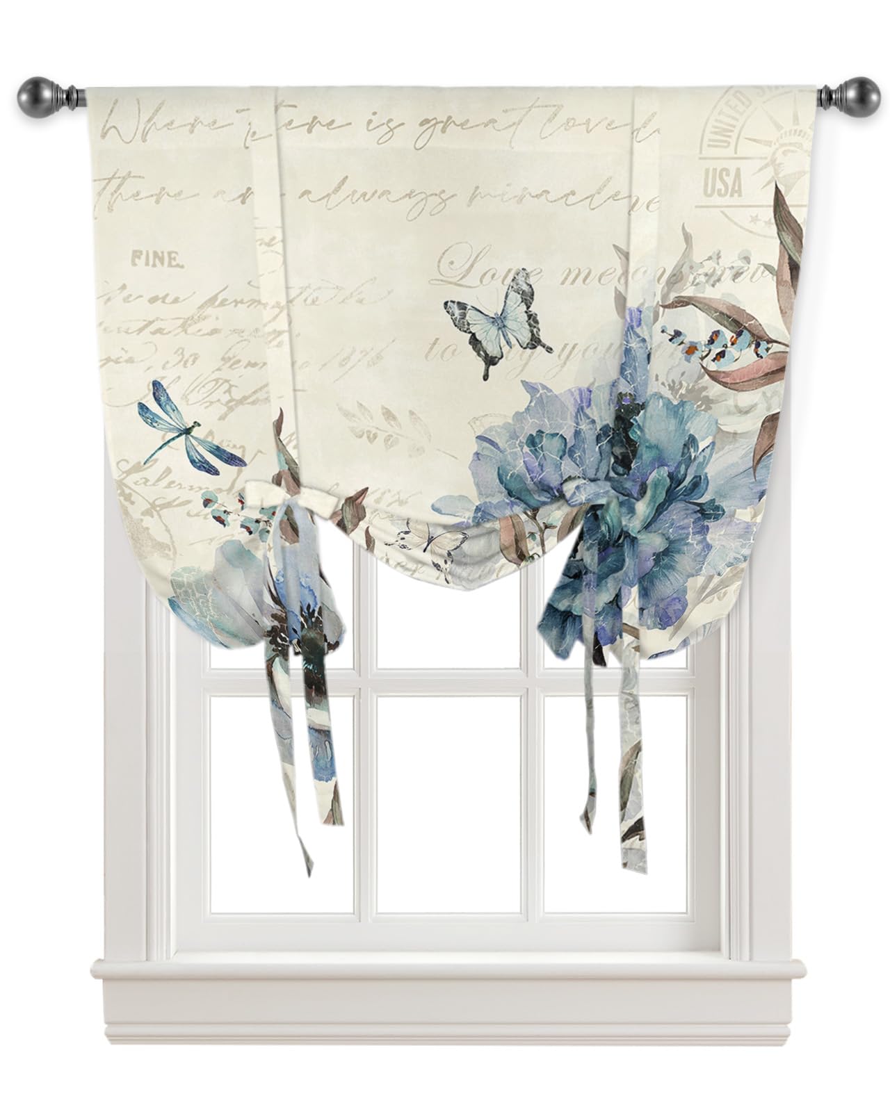 Yukro Vintage Flowers Blue Floral Rustic Style Rod Pocket Tie Up Window Shade, Adjustable Balloon Curtain Shade for Blinds Kitchen Bathroom, 1 Panel, 34