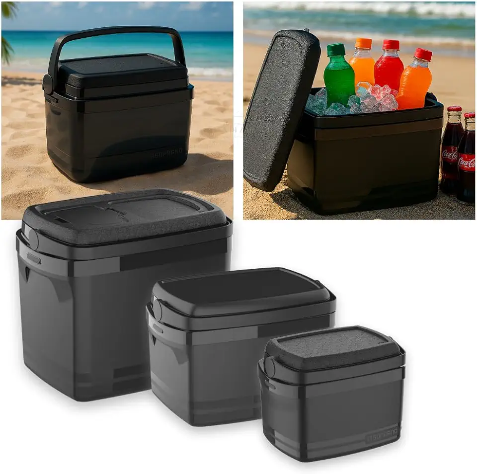 Kit 3 Caixas Térmicas Soprano 32L 12L e 5L Portátil Preta | Conserva Bebidas e Alimentos | Camping, Praia, Viagem e Uso Diário