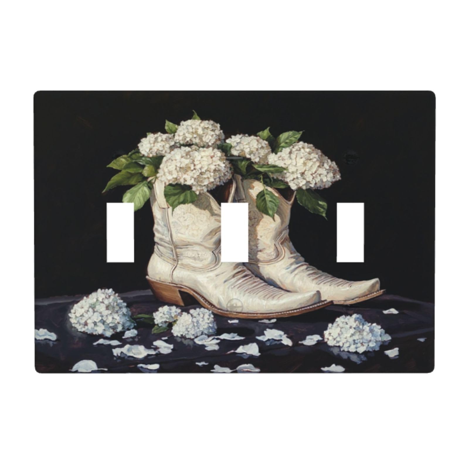 Woshuwo White Cowboy Boots With Hydrangeas Light Switch Covers 3 Gang Triple Toggle Wall Plate Switchplate Electrical Faceplate For Bathroom Kitchen Bedroom Decor