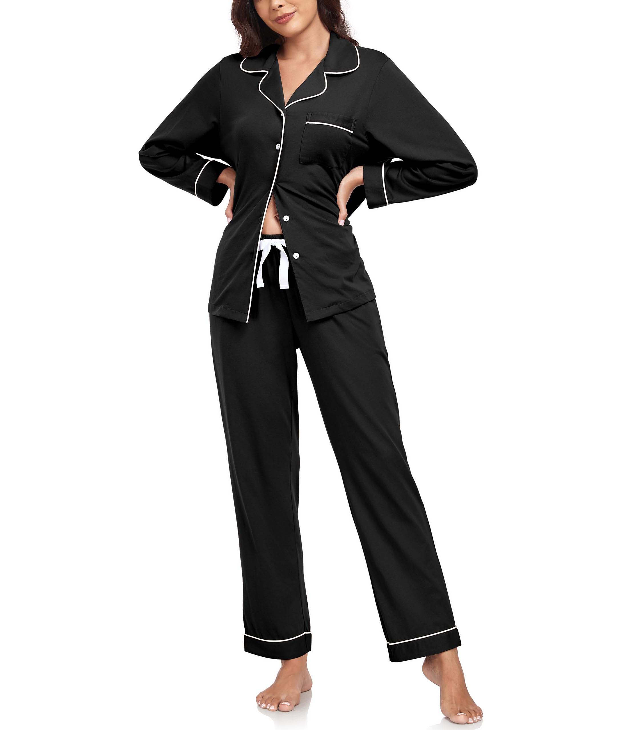 ANLIQI 100% Cotton Pajamas for Women Button Down Pajamas Long Sleeve Top & Pant Sleepwear Loungewear Pj Set with Pocket