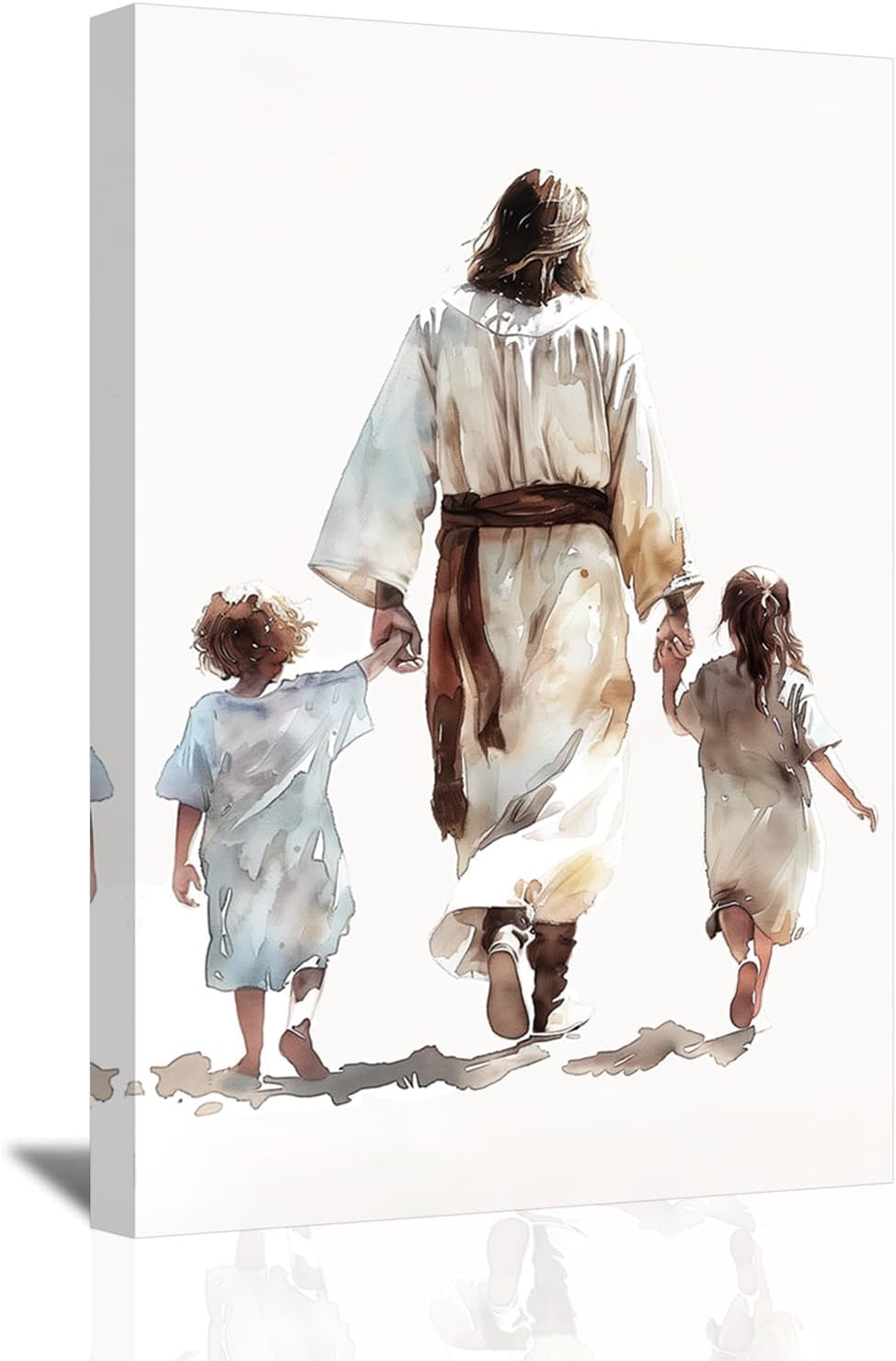 SWQYLB Jesus Canvas Wall Art God and Children Back View Pictures Prints Watercolor Jesus Art Poster Christian Spiritual Painting for Kids Girls Boys Room Decor Framed (Brown, 12.00" x 18.00")