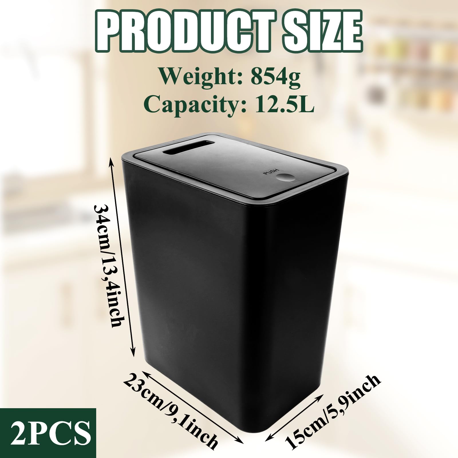 MIVIDE Kosz na śmieci 12,5 l, czarny, z pokrywką pop-up, tworzywo sztuczne, do kuchni, łazienki, biura, WC, 2 rolki
