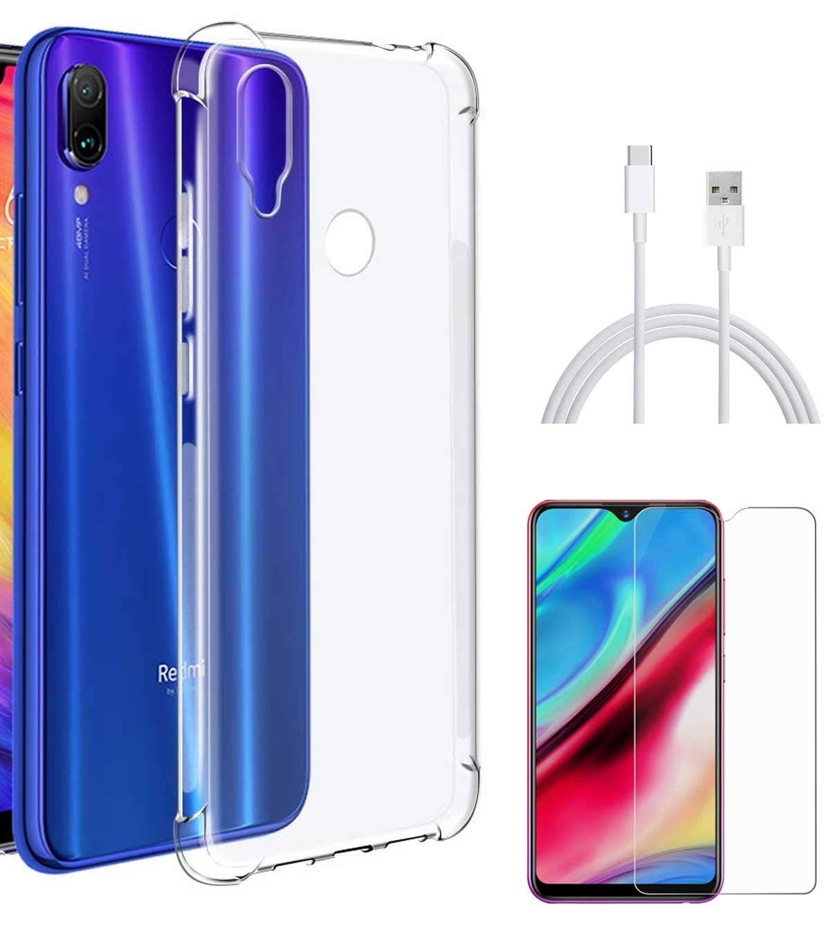 Transparent Soft Silicone TPU Flexible Back Cover Compatible with Xiaomi Redmi Note 7 Pro with C-Type Data Cable and Tempered Screen Guard