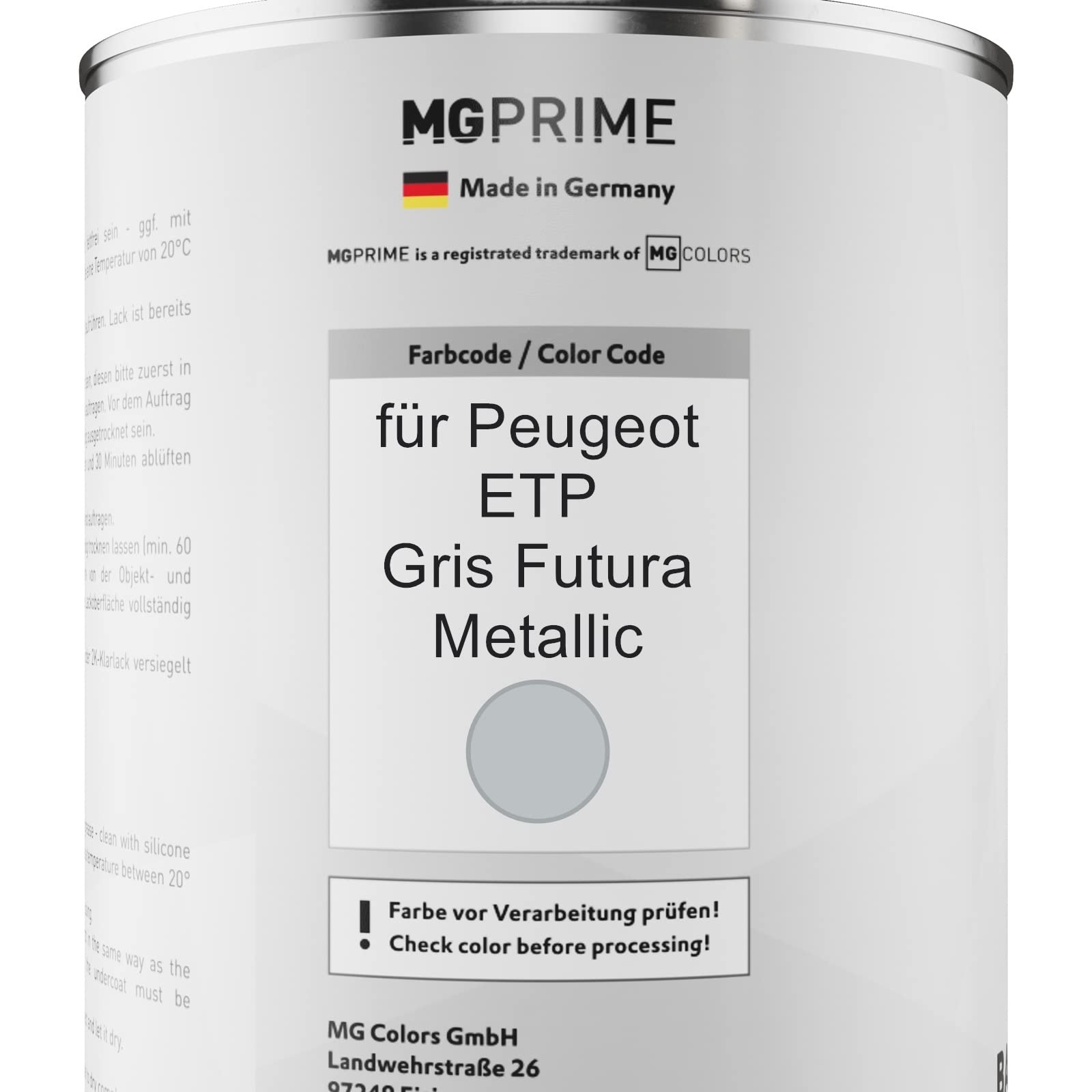 MG PRIME Peinture voiture kit de pot pour Peugeot ETP Gris Futura Metallic couche de base vernis 2C durcisseur prêt à pulvériser 2,5l