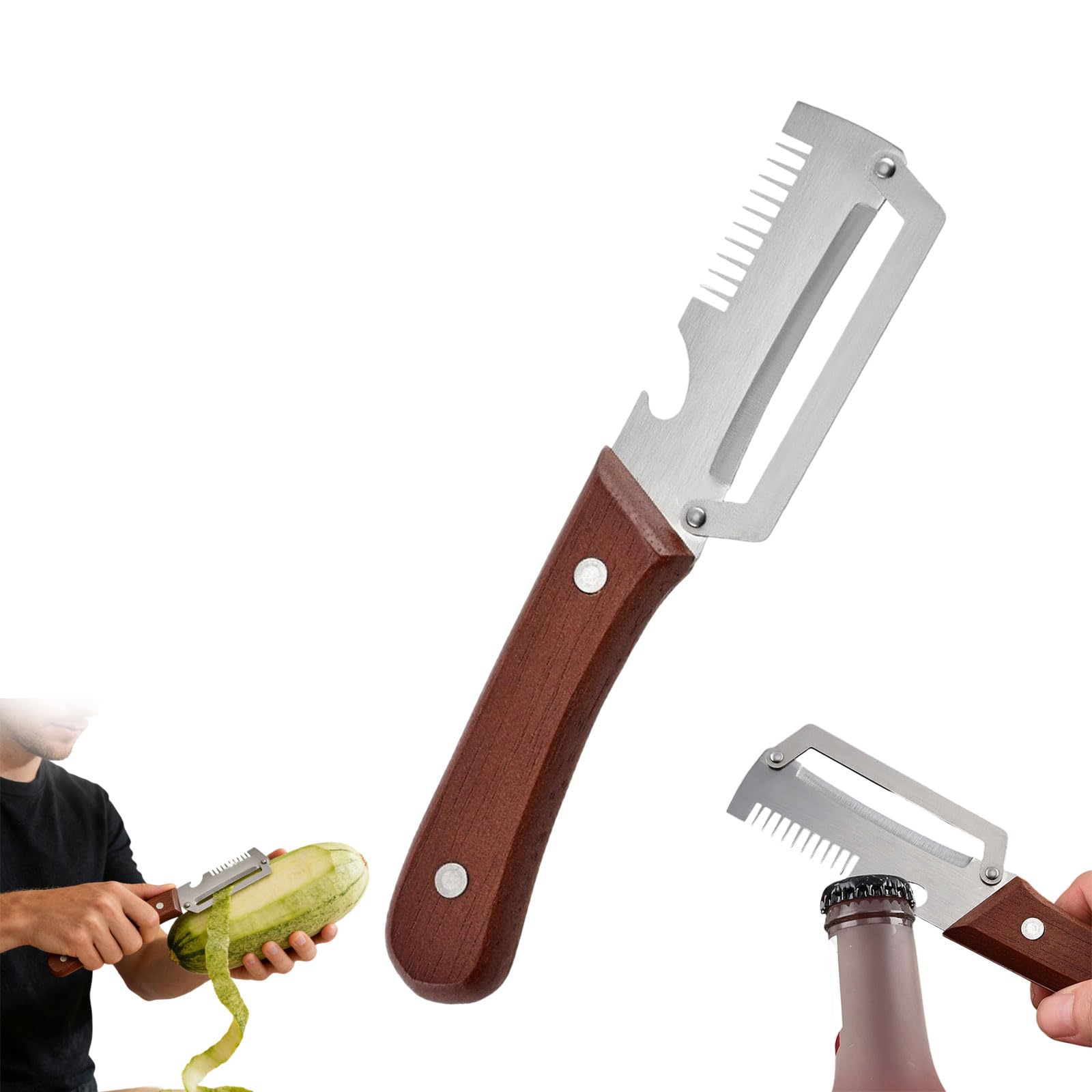 Éplucheur végétale multifonction lame et ouvre bouteille en acier inoxydable ultra tranchant poignée ergonomique antidérapante bois Légumes Manche Bois Massif Décapsuleur Intégré Lame Tranchante - 2