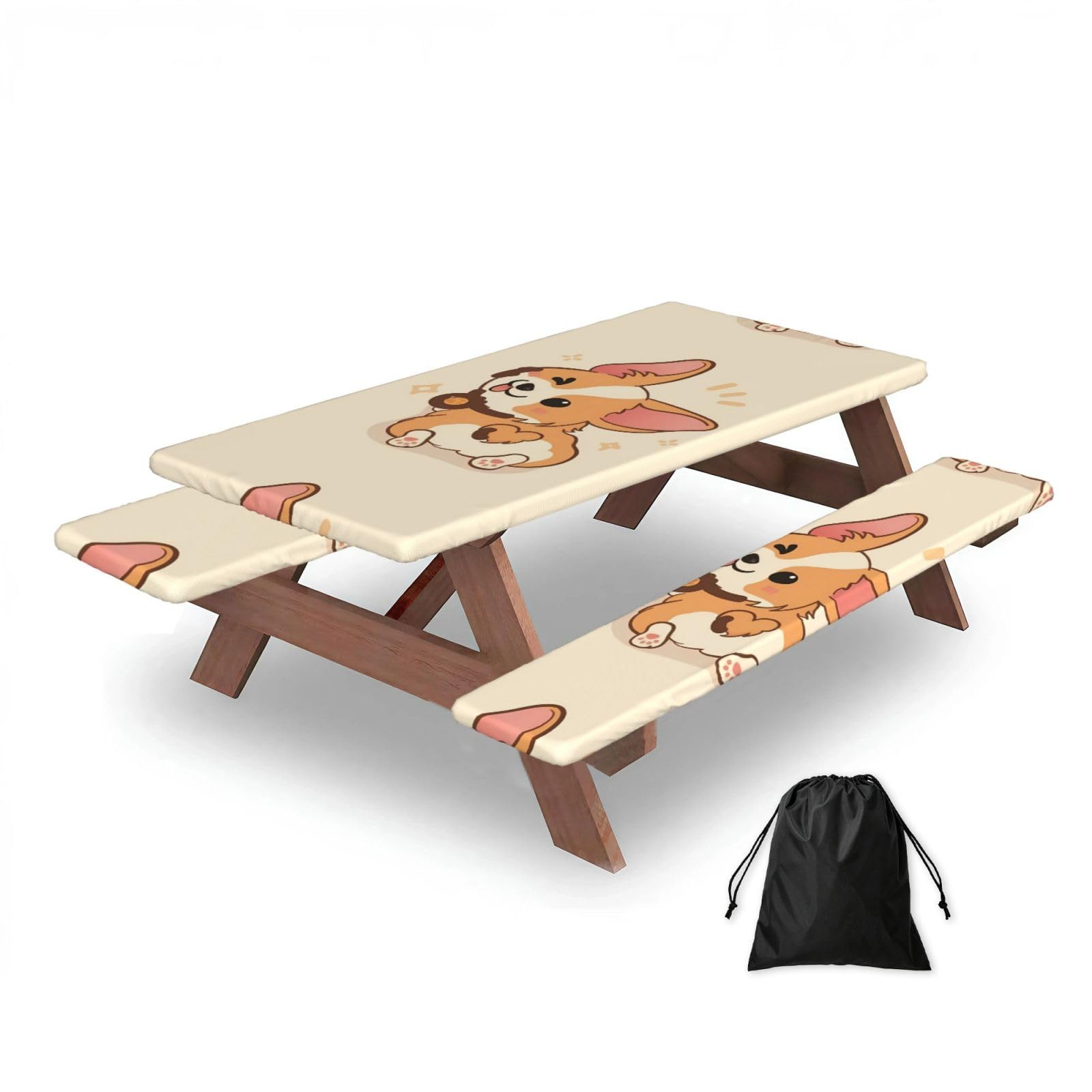 Cartoon Cute Corgi Dog Butt, Picnic Table Cover With Bench Covers -Waterproof Elastic Fitted Tablecloth for Garden Camping Patio 76x152cm