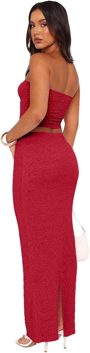 Two Piece Dress Outfits for Women Sleeveless Tube Tops Bodycon Maxi Dress Summer Strapless Crop Top Sexy Suits Set - Image 3