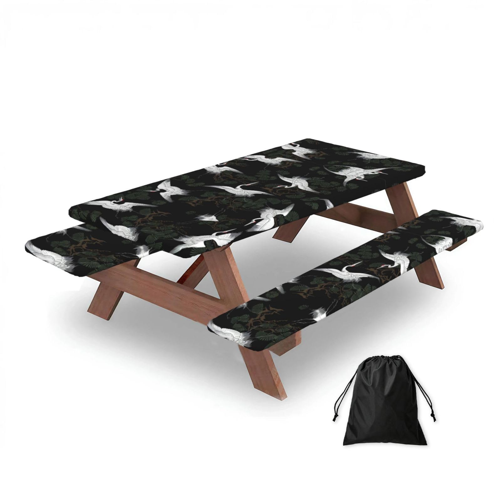 Zqytgfdc Black Japanese Crane & Pine Rectangular Water-Repellent Picnic Tablecloths, Outdoor Camping, Picnic, Bbq