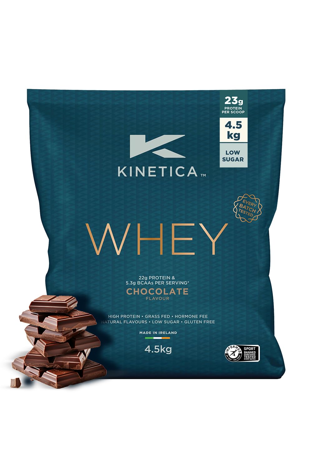 Kinetica Sports Whey Protein Powder - Chocolate, 4.5 Kg, 150 Servings | 23g Protein, 5.5g BCAA Amino Acid & 4.32g Glutamine | Recovery Shake for Optimum Nutrition | WADA & Informed Sport Approved