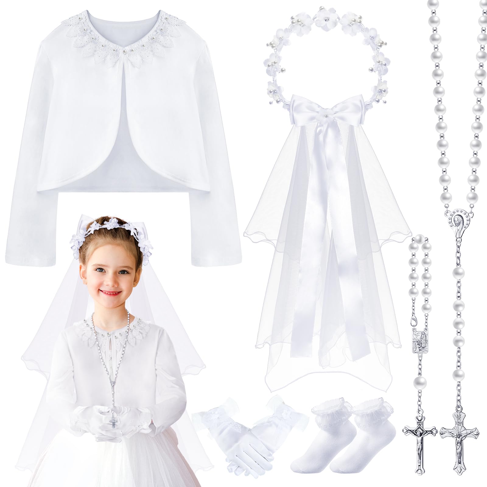 Funtery 6 Pcs First Communion Veils Set 1st Communion Shawl Wreath Veil Headpiece Glove Sock Necklace Bracelet Kid(145-160cm,65kg)