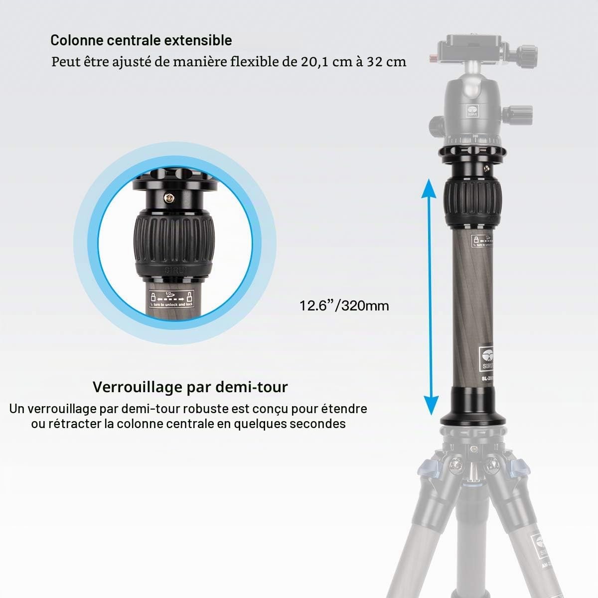SIRUI SL-200 Carbone Trépied Colonne Centrale Extension Pole, 32cm Tube d'extension de Trépied, Tige Télescopique à Colonne Centrale à 2 Sections