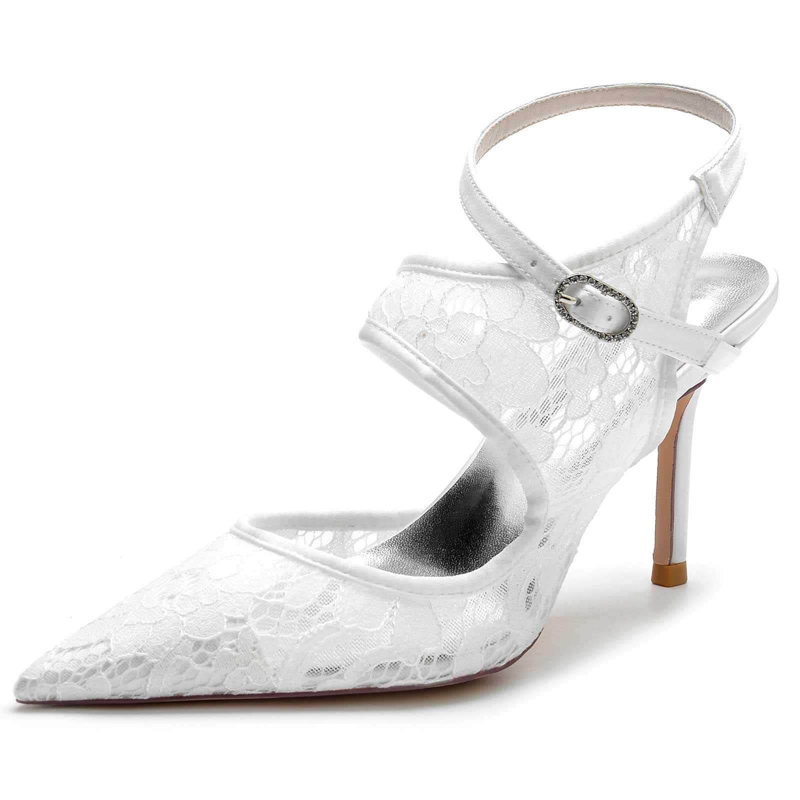 TarfiC Scarpe Decolté Donna Pizzo Scarpe col Tacco Basso Punta Chiusa Punta a Punta Fibbia Sposa Festa Sandali con Tacco Alto 8.5CM/Bianco Avorio Argento