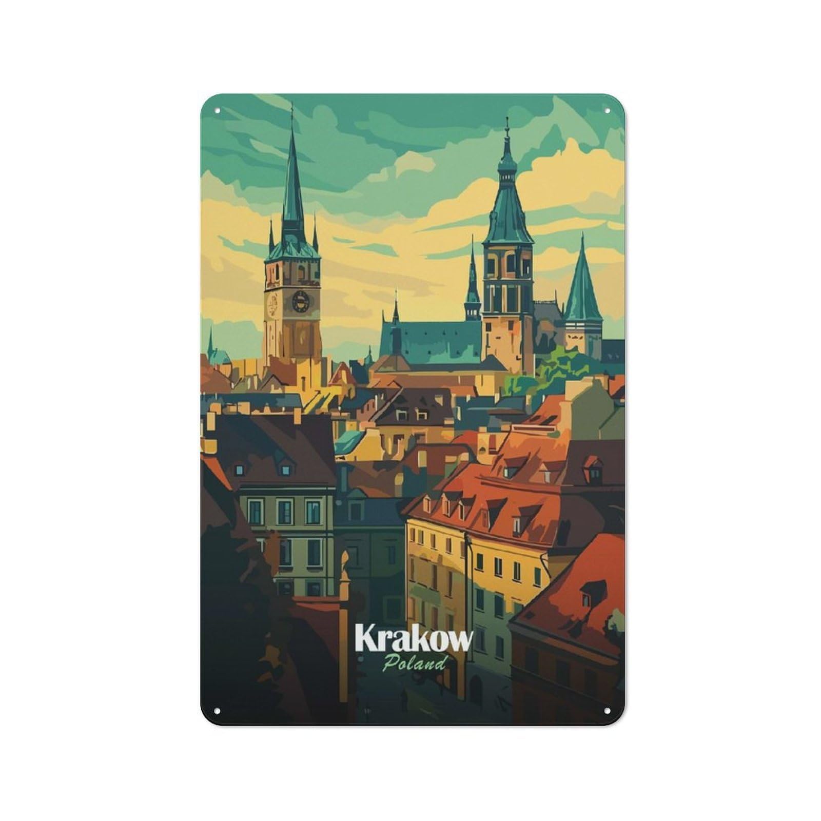 Junmoney Style-21 Garage Style Metal Wall Sign 30X20cm Featuring Krakow Cityscape, Garage Wall Decor For Garage, Hobby Room, Office Or Man Cave