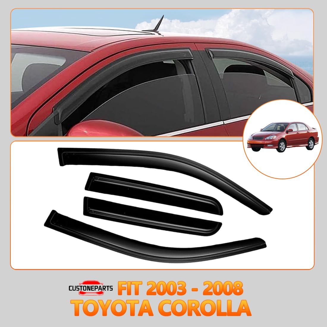 Window Visors Shade Sun Rain Guards FIT 2003–2008 Toyota Corolla – 4PCS Tape-On Window Deflectors, Smoked Acrylic – Replace OE# 94620 2003-2008 Toyota Corolla