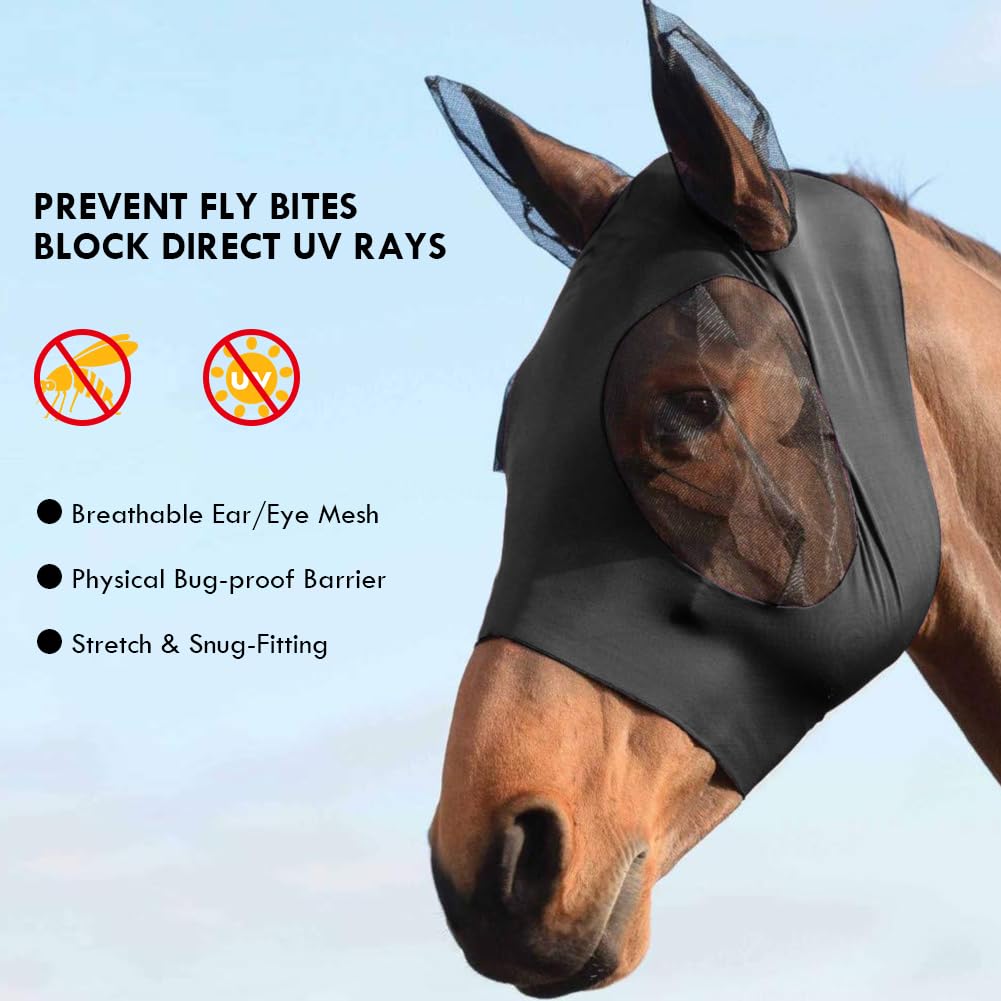 Adiwo Máscara Antimoscas para Caballos, 1PCS Máscara de Mosca de Caballo con Orejeras,Negro Máscaras Faciales para Caballos Anti-UV, Malla Transpirable, máscara de Freno elástica. — view 3