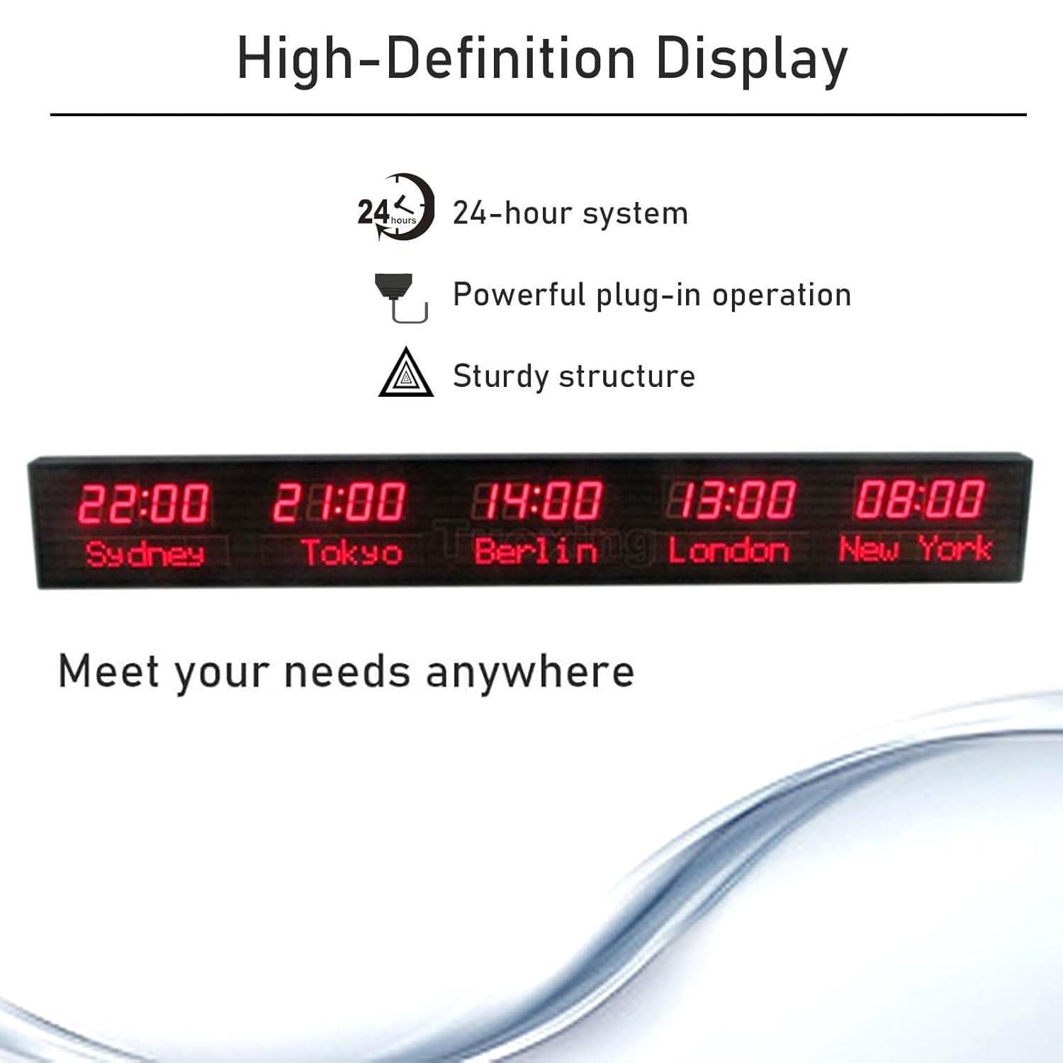 Zegar ścienny LED na świecie, 5 miejskich stref czasowych, duży zegar cyfrowy, możliwość zmiany miasta, 3-stopniowa regulacja jasności, aluminiowa obudowa, na lotniska, hotel, biuro