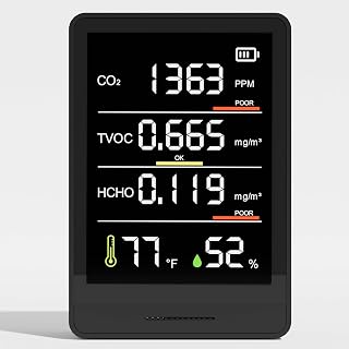 PinoTec 5-in-1 Portable Indoor Air Quality Monitor: CO2, TVOC, Formaldehyde, Temp & Humidity Detector (Ruby Black)