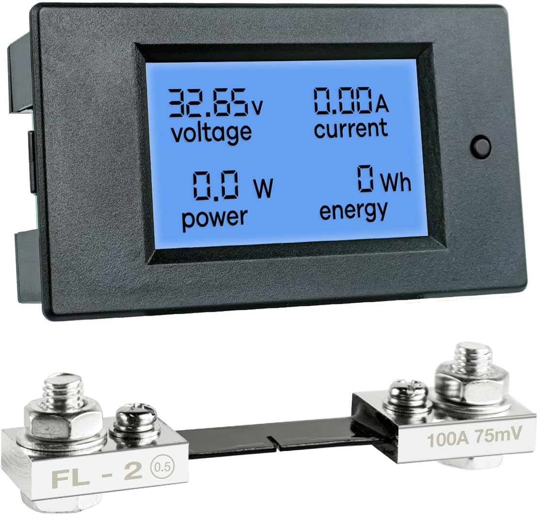 DC 6.5-100V 0-100A LCD Display Digital Power Monitoring Meter Voltage Current Power Energy Meter Ammeter Voltmeter Multimeter with 100A Current Shunt