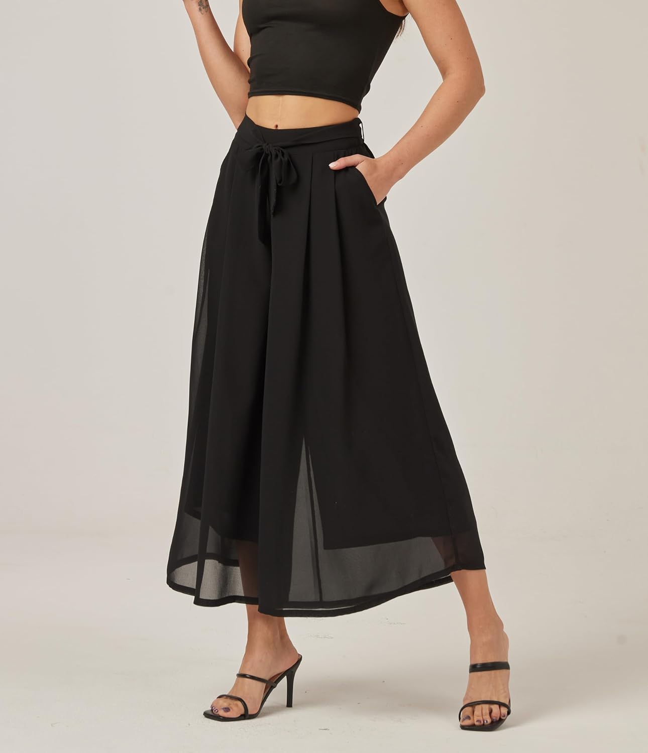 heipeiwa Women's Chiffon Wide Leg Palazzo Pants Summer Capris Crop Culotte Pants with Removable Belt Tie-Knot Beach Outfits - Image 5