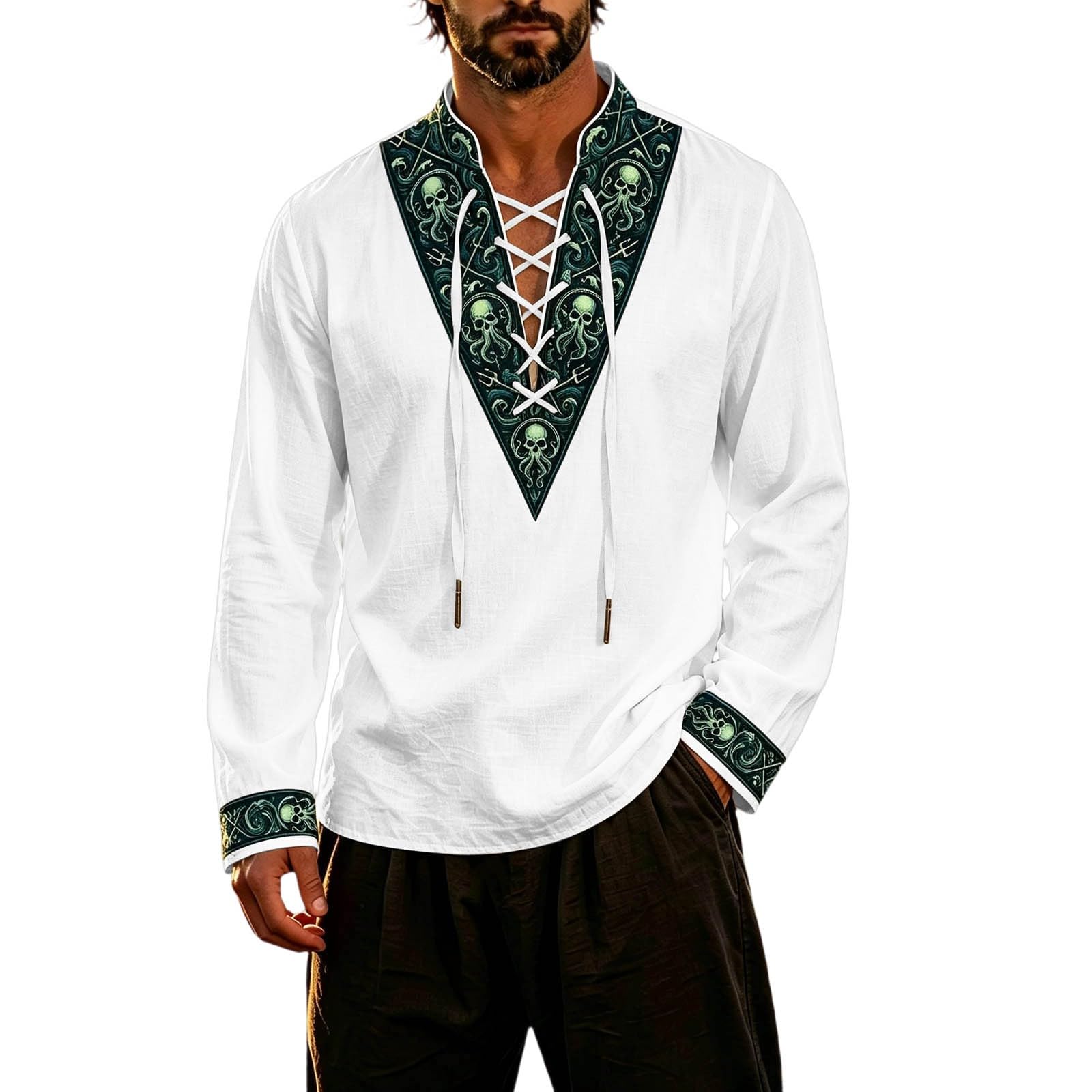 Classic Themed Men's Long Sleeve Shirt for Adventure Nautical Style Top with for Everyday Wear and Cosplay (d-White, S) — image 1