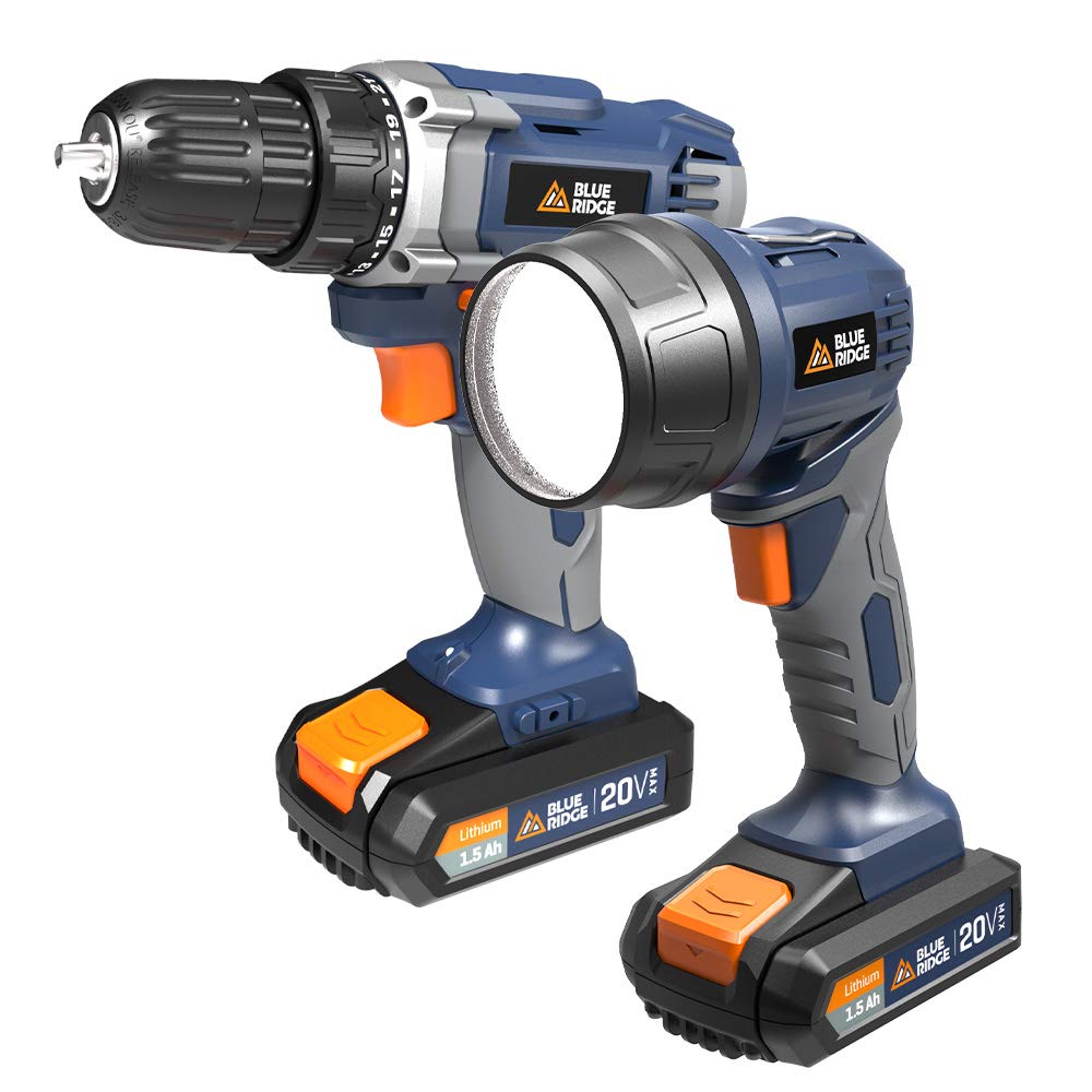 Blue Ridge BR1701U 20V MAX Cordless Drill Driver and Work light combo kit including two lithium batteries and charger