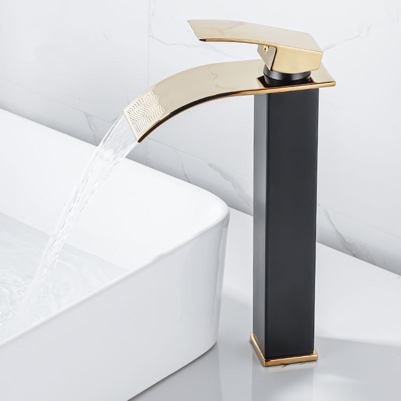 Wasserhahn Bad Hoch Wasserfall Warm Und Kalt-Einhebel-Waschtischarmatur Edelstahl Armatur Aufsatzwaschbecken,schwarz+gold