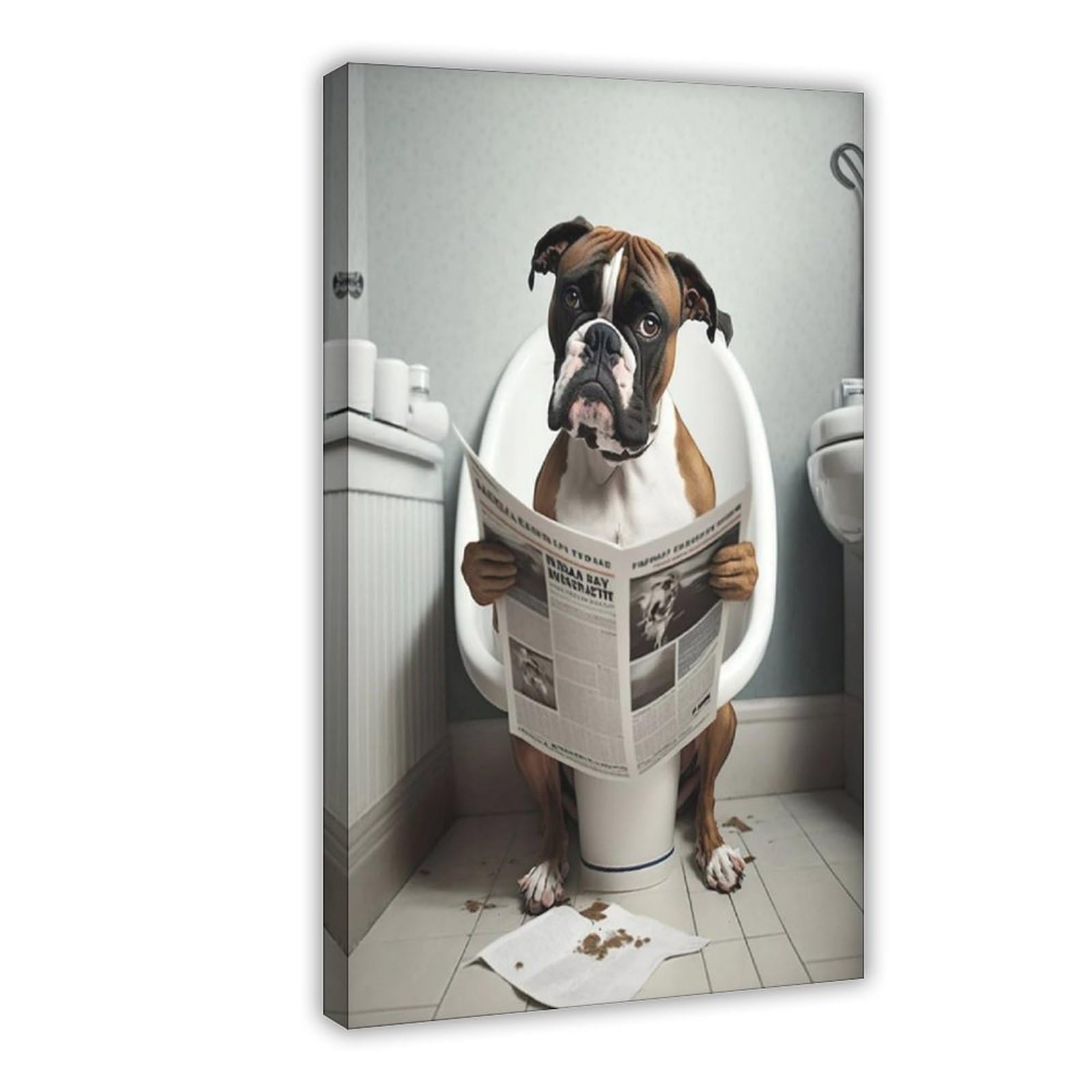 Boxer Dog Sitting on The Toilet Reading A Newspaper Canvas Poster Bedroom Decor Landscape Decor Gift 12x18inch(30x45cm)
