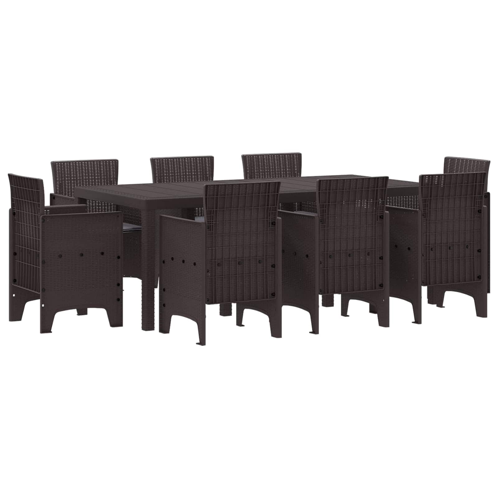 Moderno juego de comedor de jardín 9 piezas de polipropileno marrón, mesa rectangular con patas cuadradas y 6 cómodas sillas con reposabrazos planos, estilo ratán, ligero