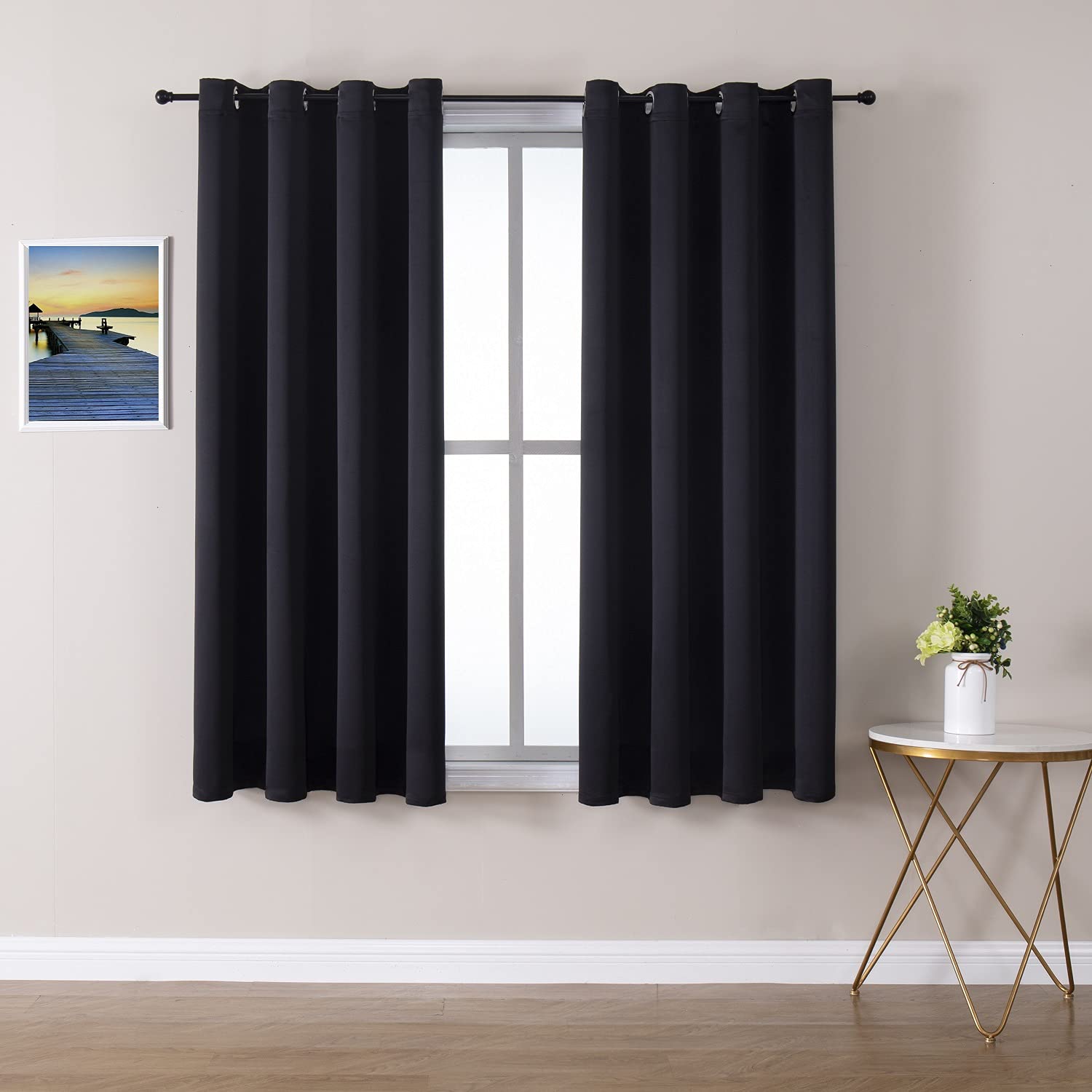 ChrisDowa Grommet Blackout Curtains for Bedroom and Living Room - 2 Panels Set Thermal Insulated Room Darkening Curtains (Black, 52 x 45 Inch)