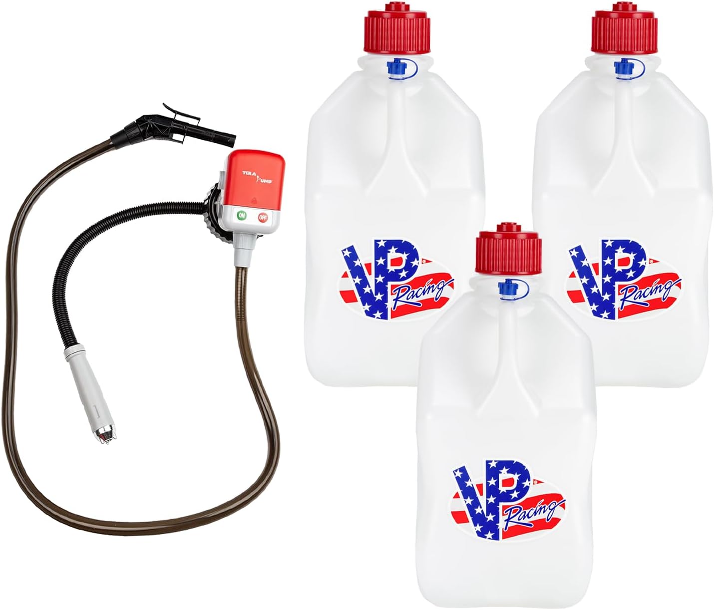 VP Racing 35221-CA, 5.5-Gallon Square Motorsport Jug Patriotic (3 Pack), w/Battery Powered Fluid Transfer Pump (1 Pack)
