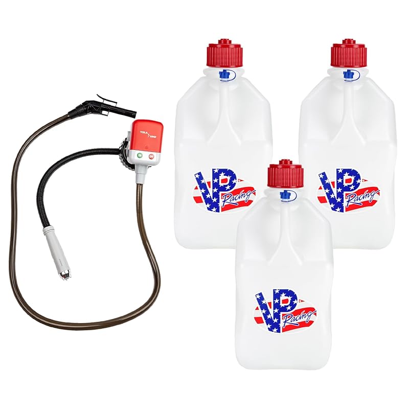 VP Racing 35221-CA Kit com 3 Galões Quadrados Motorsport de 20,8 L Patriotic e Bomba Elétrica para Transferência de Fluidos