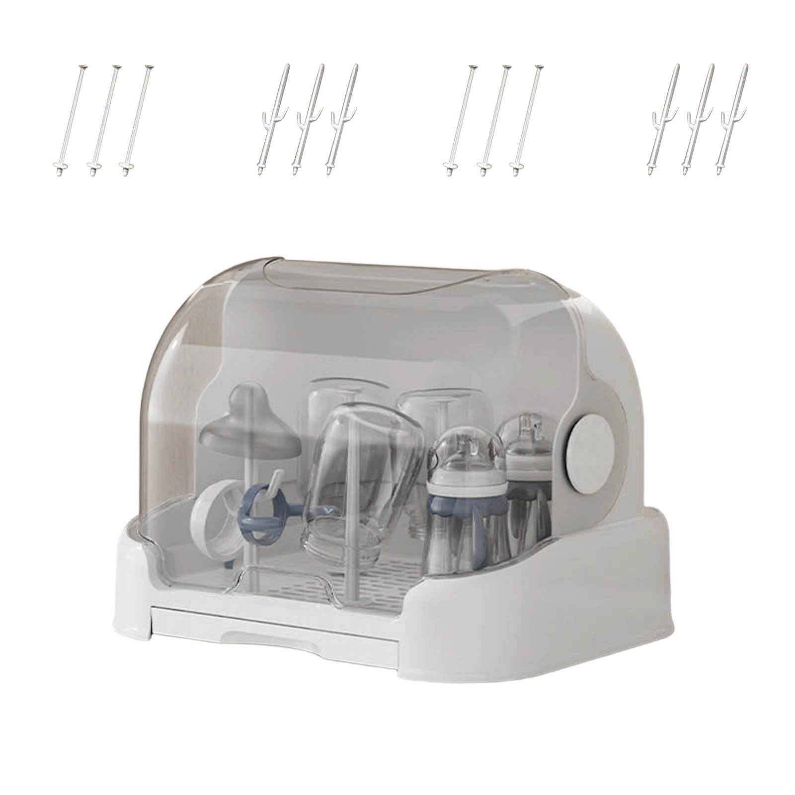 Large Baby Bottle Storage Box, Sterilised Bottle Storage, Dustproof Portable Infant Feeding Storage Boxs, Baby Bottle Drying Rack with Cover and Removable Drain Tray for Bottles, Teats (White, Large)