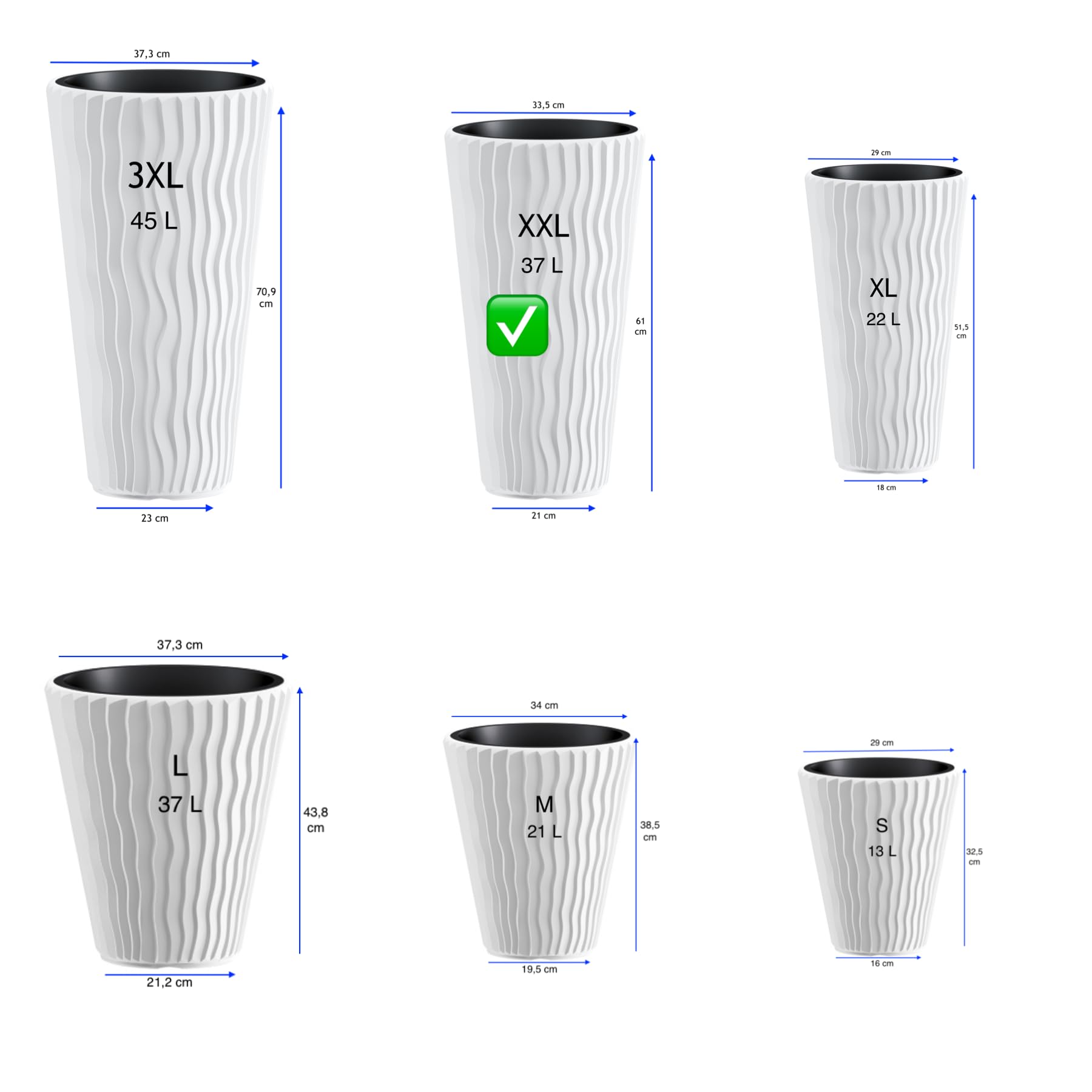 MELTOM Vaso da fiori con effetto ondulato verticale, inserto rimovibile, in plastica, per interni ed esterni protetti (bianco, XXL)
