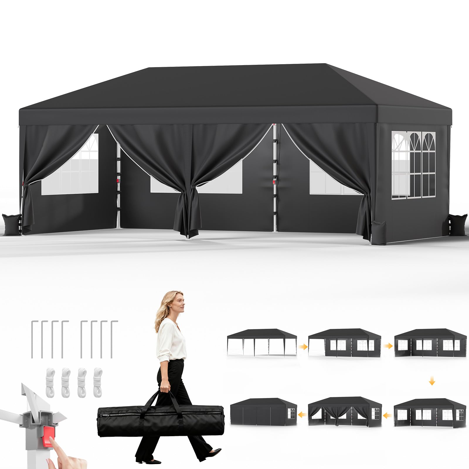 JUMMICO Pop Up Gazebo 3x6m with Sides, Heavy Duty Waterproof Marquee, 6 Removable Sidewalls, UV50+, Adjustable Height, Folding Shelter with Carry Bag for Garden, Weddings, Events - Grey