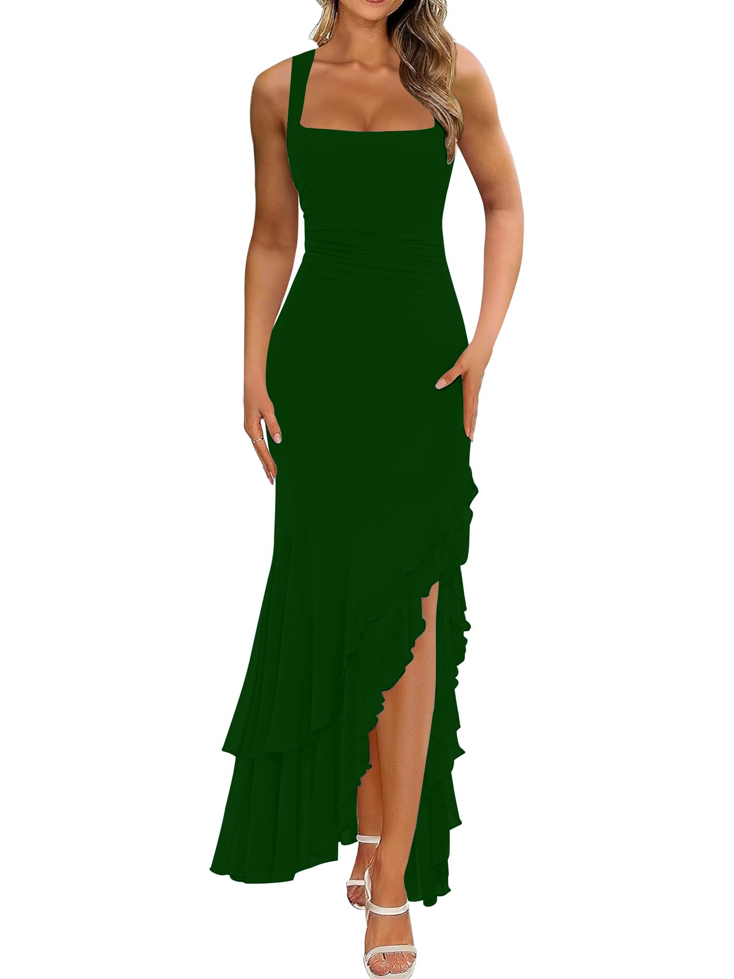 BORIFLORS Women's Elegant Bodycon Ruched Maxi Cocktail Dress Mesh Sleeveless Mermaid Ruffle Beach Wedding Guest Long Dresses — view 6