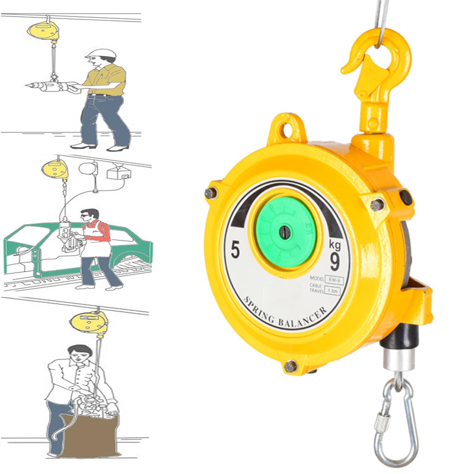 1pc Spring Balancer Tool with 1.5m Wire Rope and Hook - for Workshop, Assembly Line, and Automotive Use(5-9kg)