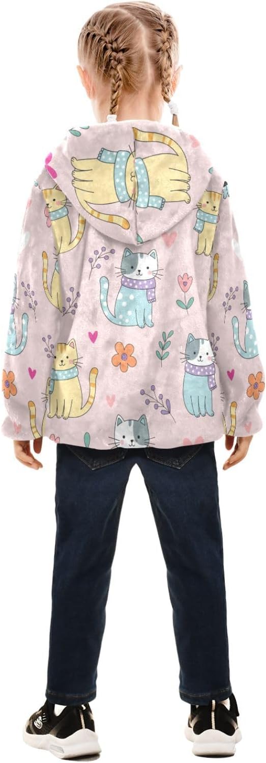 ALAZA Lovely Cat Floral Hoodie Jacket for Girls Toddler Fleece Zip Up Coat Plush Jacket Long Sleeve Outerwear for 3 Years