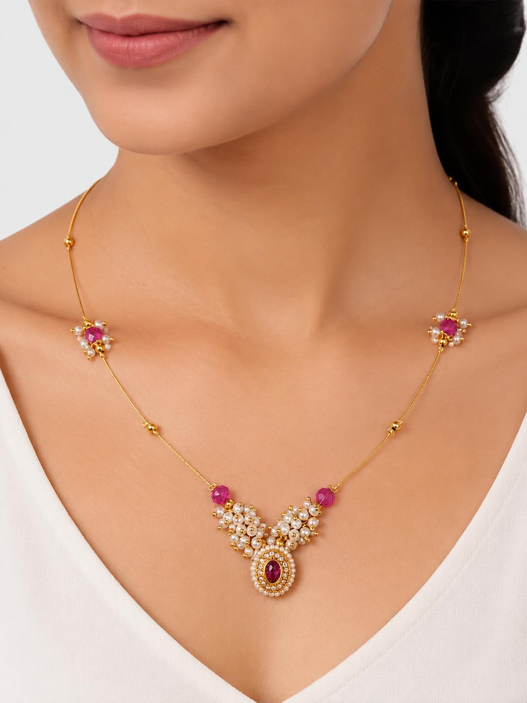Invisible Necklace for Women | Pink Stone & Pearl Gold Plated Lightweight Traditional Jewellery for Party, Function & Daily Wear-image-13