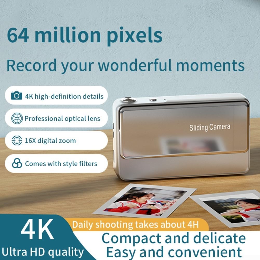 Slider - Fotocamera digitale portatile, 64 MP, zoom digitale 16x, registrazione video 4 K, schermo HD da 2,8 pollici, stabilizzazione elettronica, per studenti, viaggi, colore argento (rosa)