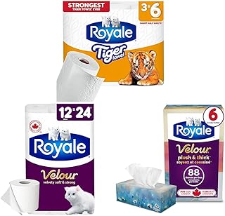 Royale Tiger Strong Paper Towel, 3 Double Equal 6 Rolls & Royale Original 2 Ply Facial Tissue, Soft & Strong & Royale Velour Toilet Paper, 12 Equals 24 Rolls