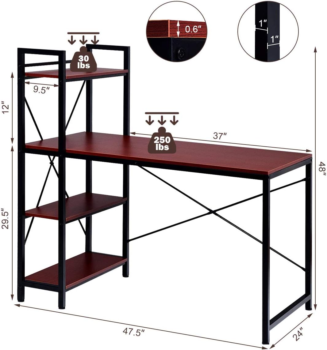 Tangkula Computer Desk with 4 Tier Shelves, Study Writing Table with Storage Bookshelves, Compact Home Office Workstation, 47.5" Tower Desk with Steel Frame & Adjustable Feet Pad, Red Brown